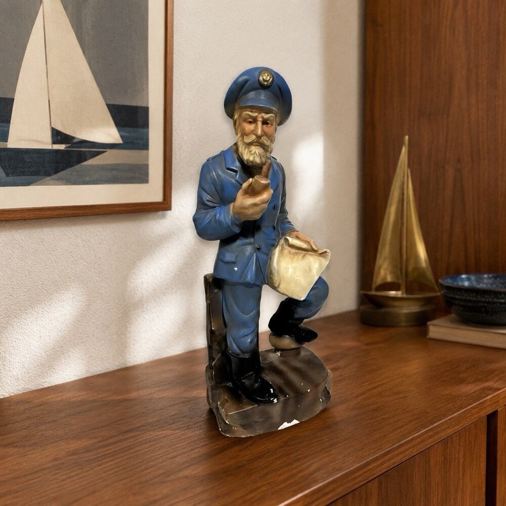 Vintage Chalkware Sea Captain Sailor Pipe Map Figurine 14.5” Nautical Decor